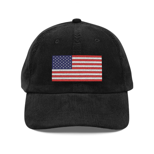 Vintage Corduroy Cap — Embroidered American Flag Dad Hat